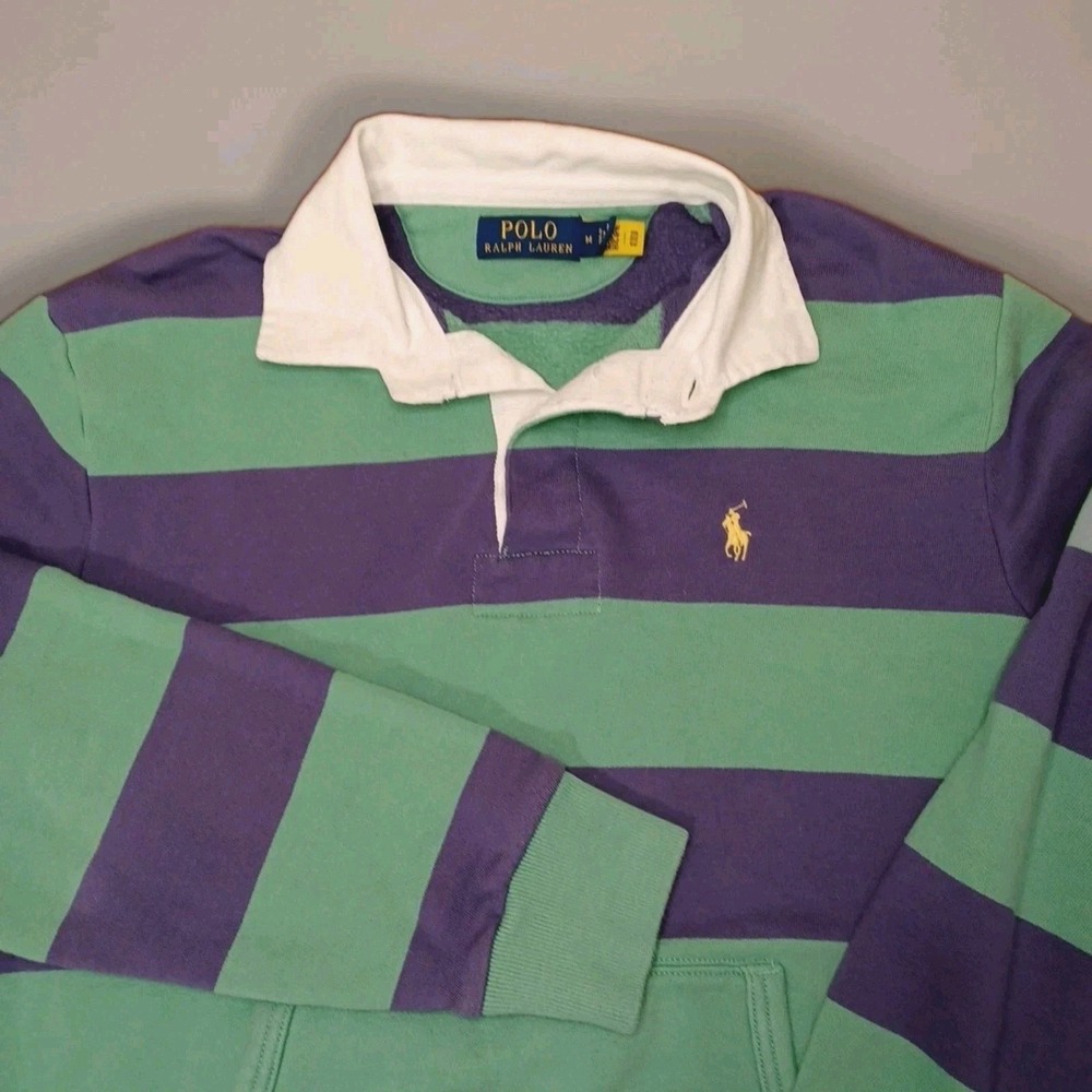 Ralph Lauren Polo Shirt Mens Medium Striped Rugby Pullover Fleece Sweatshirt